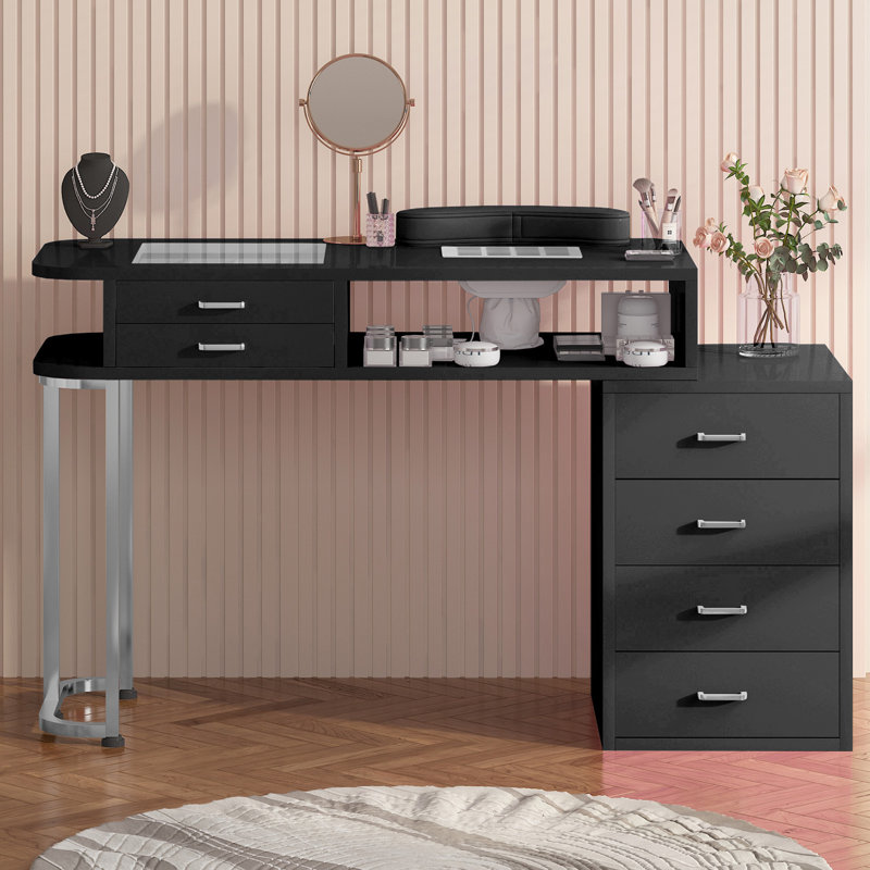 Table manucure moderne en bois manufacturé avec collecteur de poussière et tiroirs, Noir