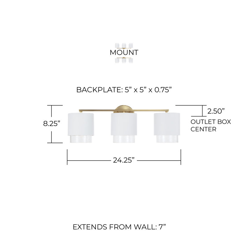 24.25"W x 8.25"H 3-Light Cylindrical Metal Vanity and Seeded Glass, Matte Brass/White