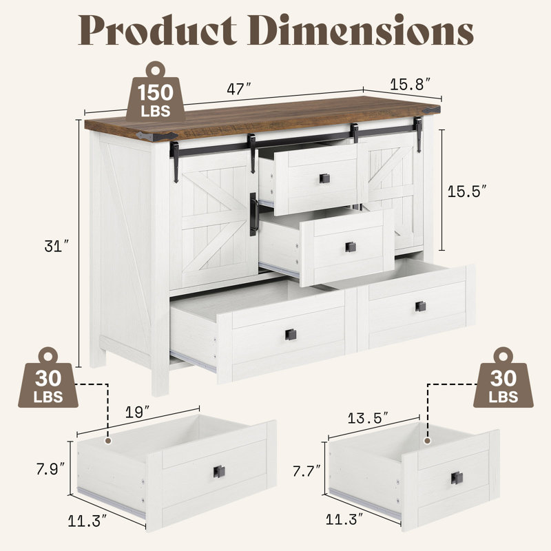 Chiara 47" Farmhouse Dresser with 2 Sliding Barn Doors&4 Drawers,White, White