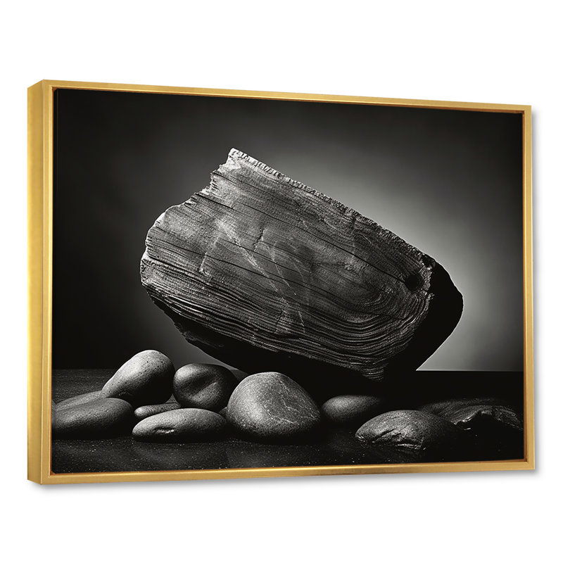 «Grey Stones Scenery Minimalisme», art mural sur toile en géode de pierre, Cadre flottant doré, H 16 po x l 32 po x P 1 po