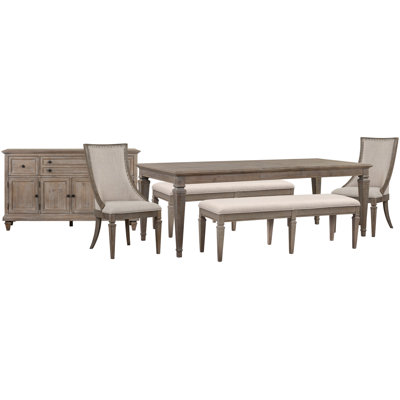 Extendable Rectangular Dining Table 2 Benches 2 Arm Chairs And Buffet