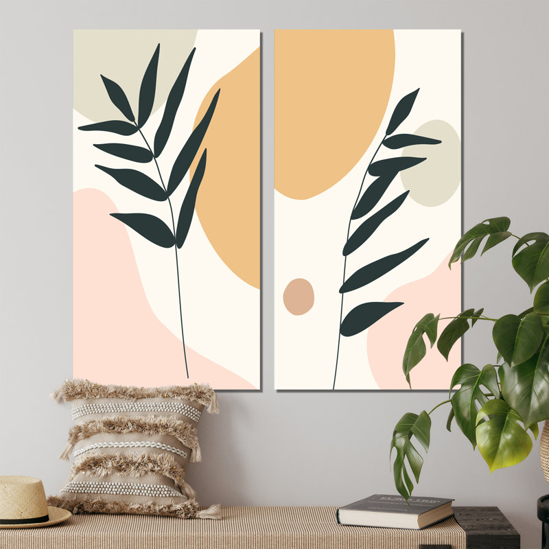 «Botanical Leaf with Pastel Abstract Clouds I», ensemble de 2 peintures, Toile tendue, H 20 po x l 24 po x P 1 po