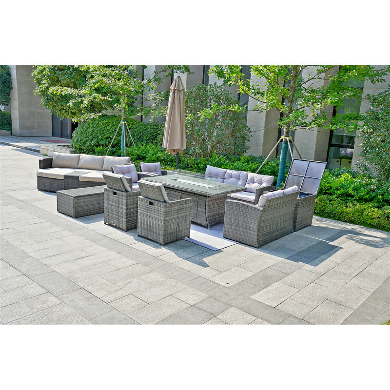 14 - Person Wicker Patio Dining Set with Rectangular Table , Cushions Included