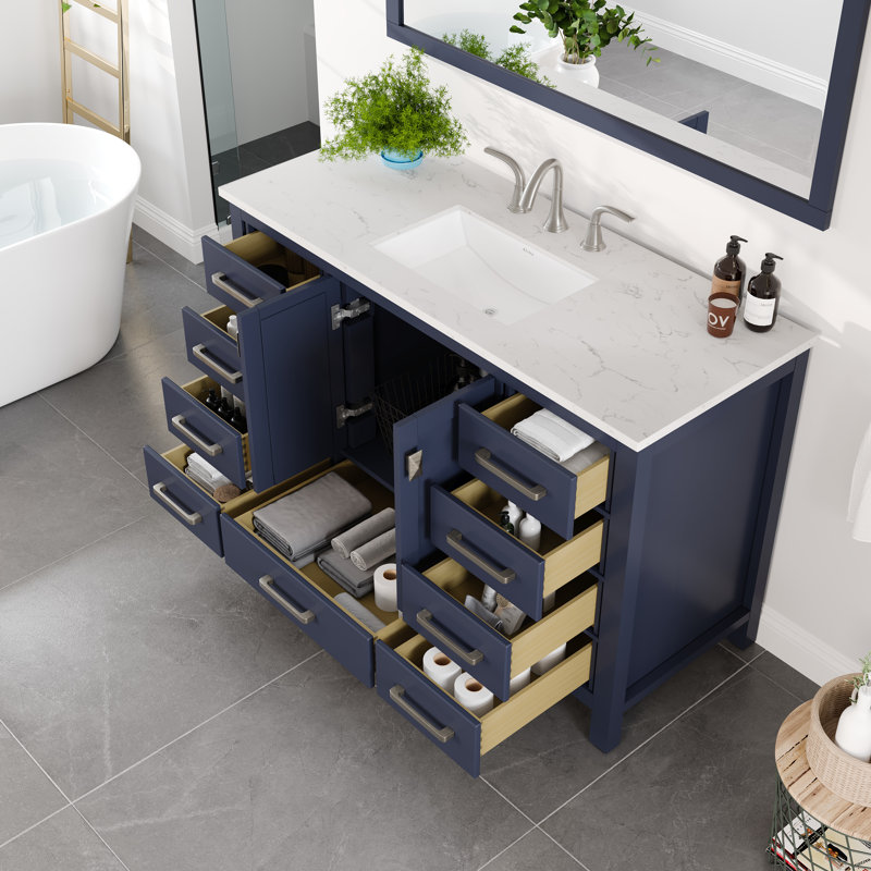 Minnich 48 In. Blue Single Sink Bath Vanity With Carrara Quartz Top And Undermount Porcelain Sink