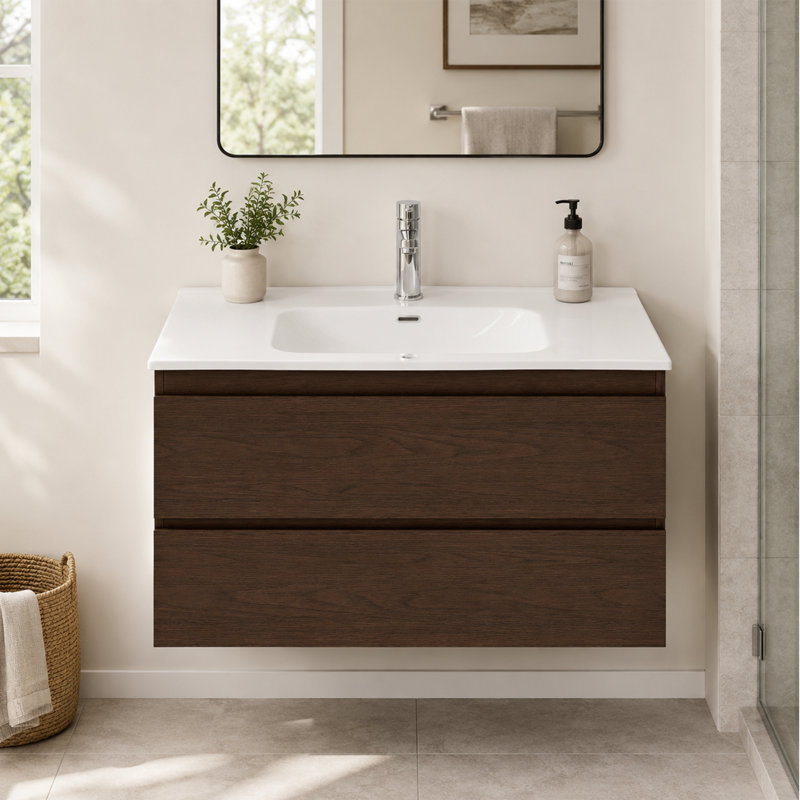 Meuble-lavabo flottant mural 36 po avec lavabo en céramique, noyer foncé, bois massif, Noyer foncé, 36"