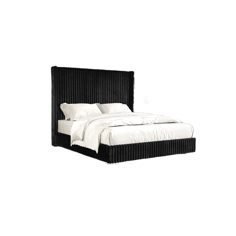 Lit contemporain très grand, chenille de fourrure noire, prêt pour les matelas, bois d'ingénierie et fabrication de lit en tissu de chenille, structure
