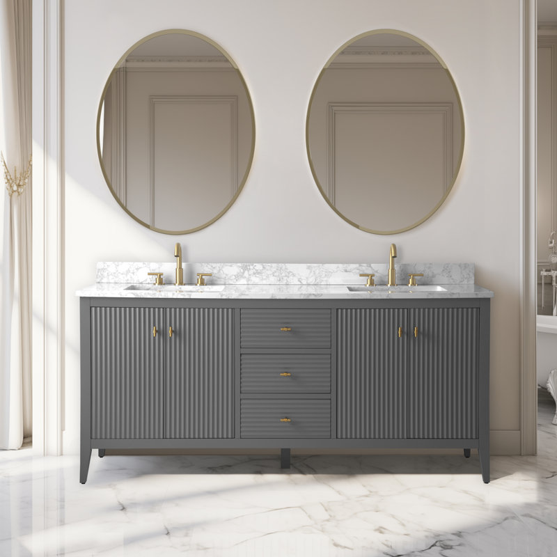 Ensemble de meuble-lavabo autoportant à double cuve 72 po avec plateau en marbre Lavallon, Doré brossé