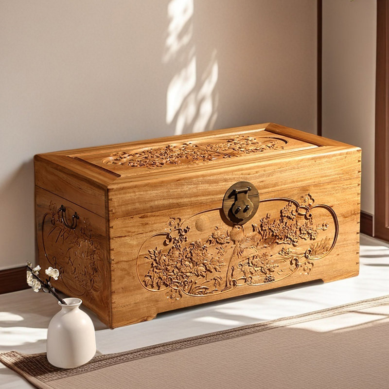 Hand-Carved Solid Wood Small Accent Trunk, Burlywood