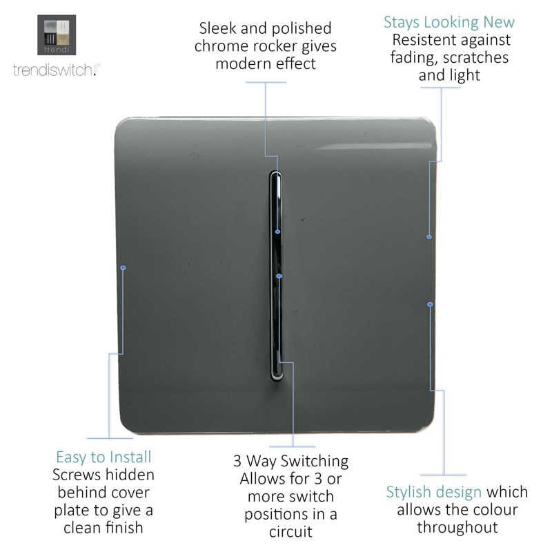 Trendi Switch 1 Gang Intermediate Rocker Light Switch, Charcoal