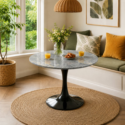 Modern Marble-Texture Round Table, Pedestal Base Coffee Table and Dining Table for 2–4 People, Suitable for Living Rooms, Apartments, and Cafés
