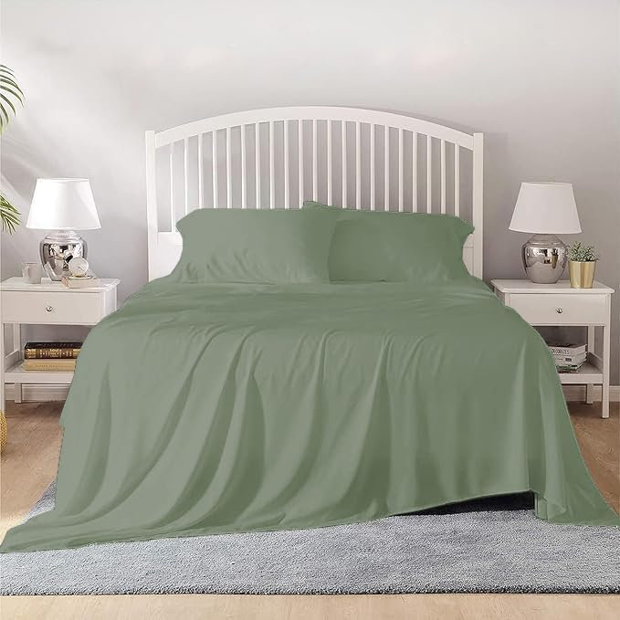 Ensemble de draps 100% coton grand format égyptien à densité de tissage 1000 fils pour draps de luxe ultra doux pour matelas jusqu'à une poche profonde de 18 pouces, taille grand - sauge uni