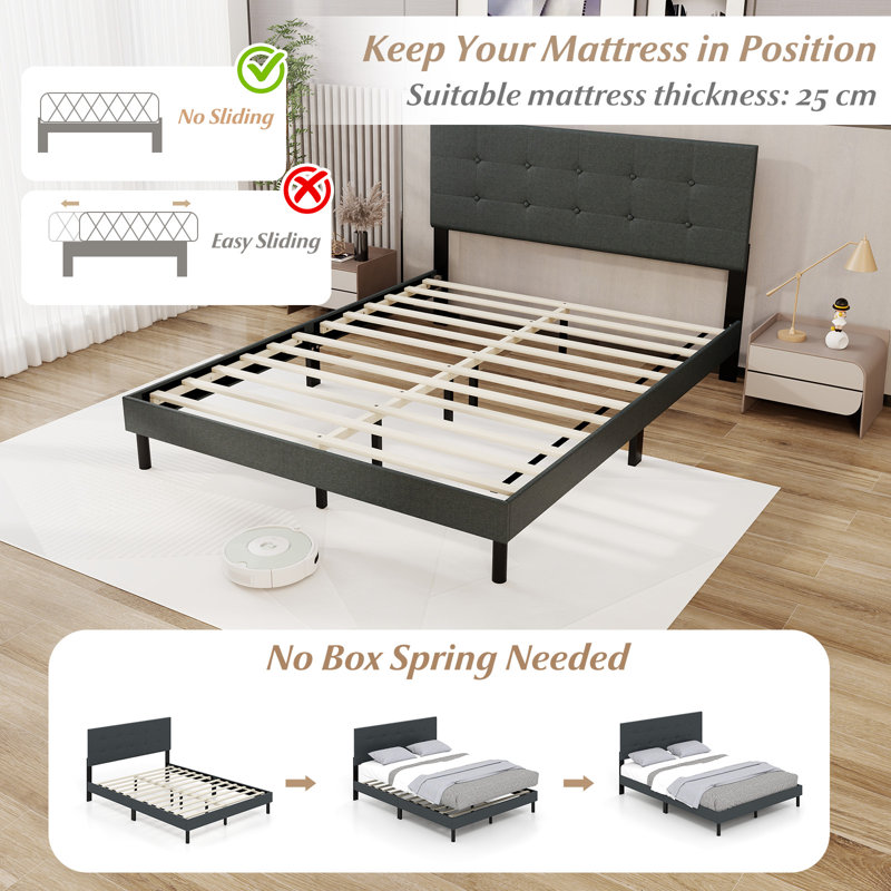 Queen Size Bed Frame Linen Upholstered Platform Bed Frame With Tufted Headboard