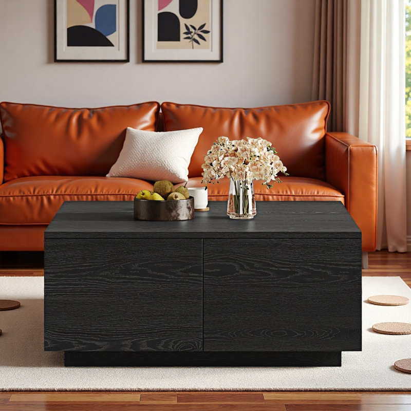 Table basse moderne carrée avec 4 tiroirs, Noir