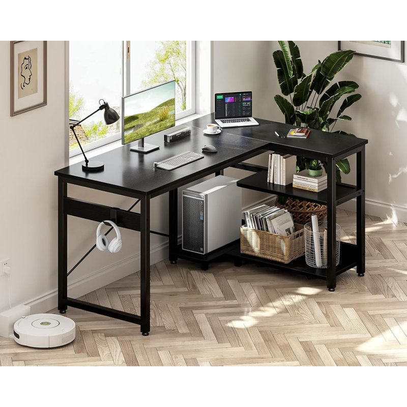 Bureau en forme de L avec tablettes de rangement réversibles, bureau d'ordinateur de coin de 47 pouces pour le bureau à domicile, le bureau ou les jeux, structure en métal robuste, assemblage facile