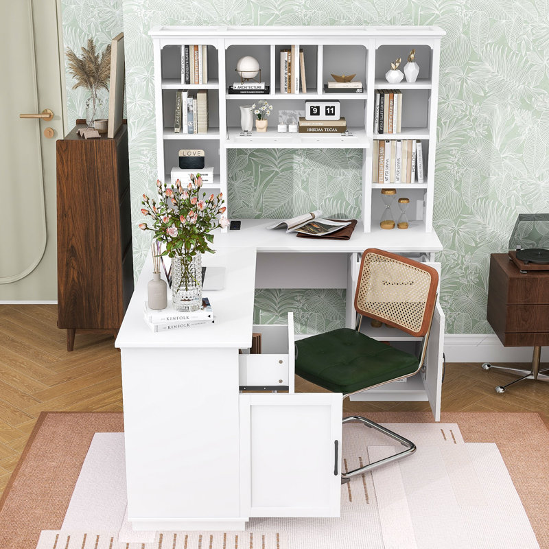 Bureau d'ordinateur en L 2 en 1 avec station de charge intégrée, armoire de rangement et tablettes ouvertes, Blanc