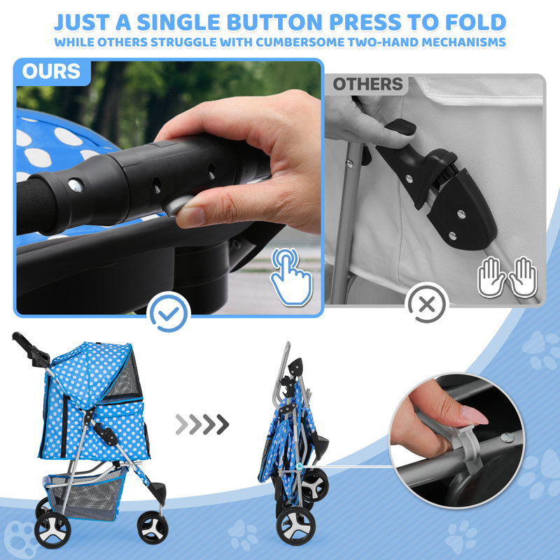 Sky Blue Polka Dot Foldable Pet Stroller with Storage