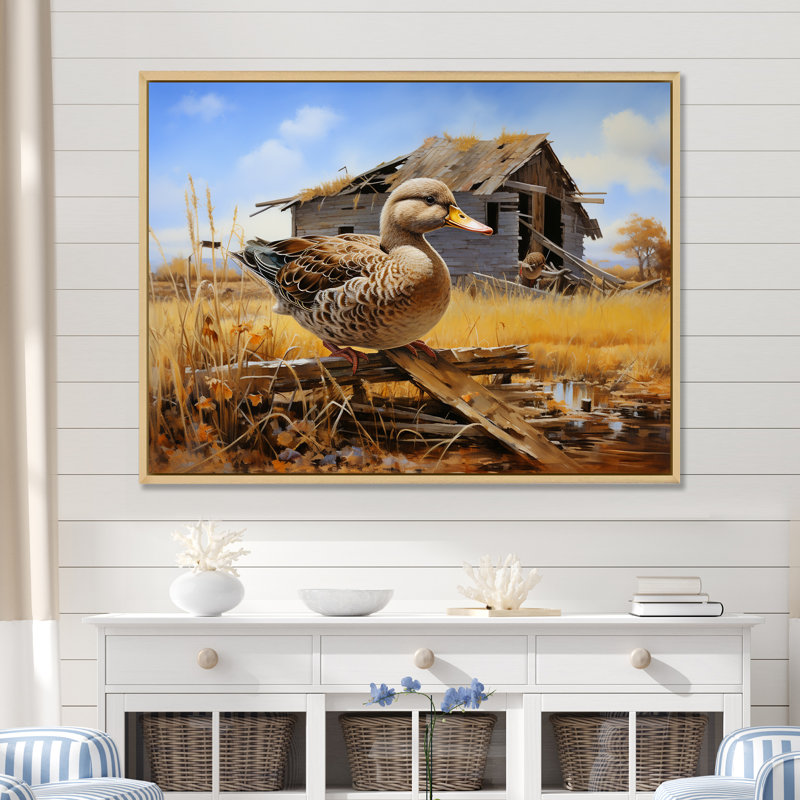 «Waddling Duck At The Barn II» - art mural canard, Cadre flottant brun, H 30 po x l 40 po x P 1,5 po