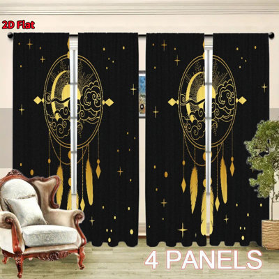 4Pcs Mystical Sun & Moon Dreamcatcher Pattern, Rod Pocket Installation, Digital Print Curtains, Ideal for Bedroom, Living Room, Dining, Kitchen, Home Decor, Privacy Protection