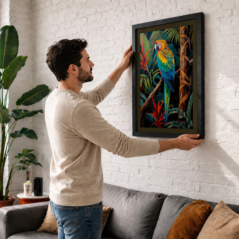 Macaw in Paradise Tropical - Framed Print, A1 - 84.1 x 59.4 cm, White