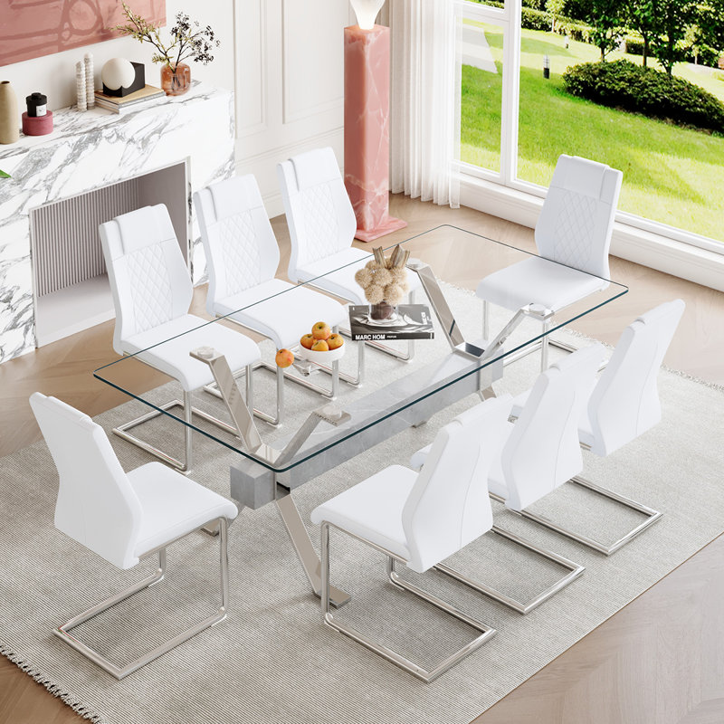 7-Piece Glass Top Dining Table Sets, Silver, White/Silver