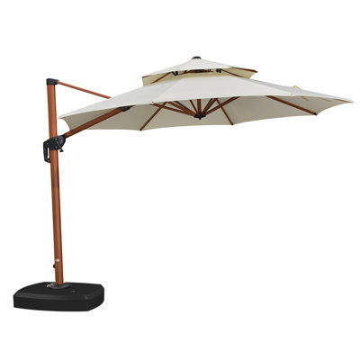 Roselynne 120'' Round Wood Pattern Cantilever Umbrella With Wheeled Base,Cream