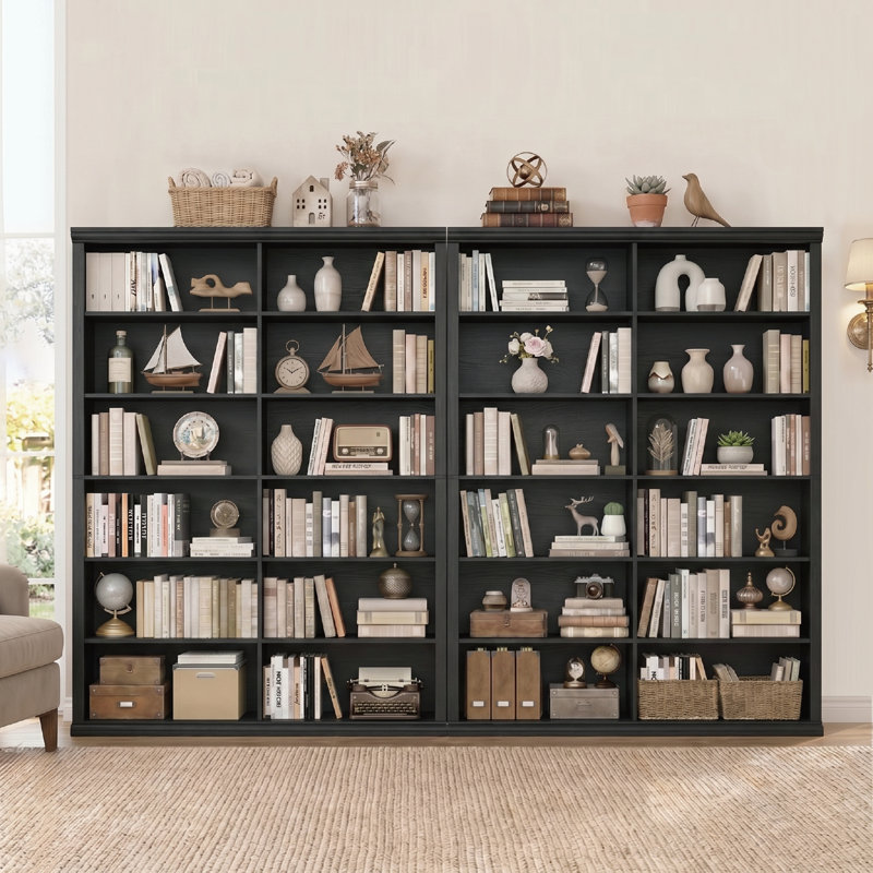 Bibliothèque double en bois H 72 "x l 47,2" à 6 niveaux, Black