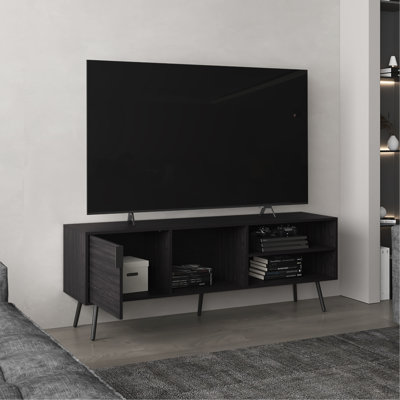 Meuble télé moderne de 63 po en noir. Armoire et 3 tablettes ouvertes, gestion par câble, construction stable, convient aux téléviseurs de 60 à 69 po, espace de vie à construire, intérieur de la maison