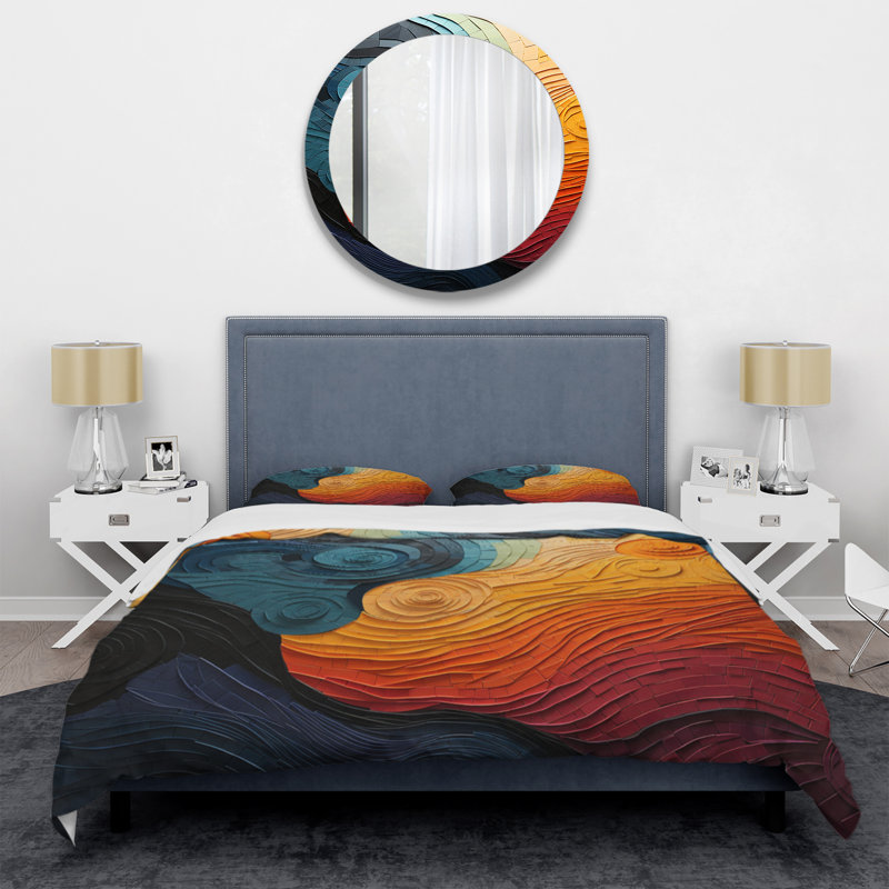 Teal Orange Op Art Rhythmic Illusion II - Abstract Duvet Cover Set, Queen Duvet Cover + 2 Standard Shams