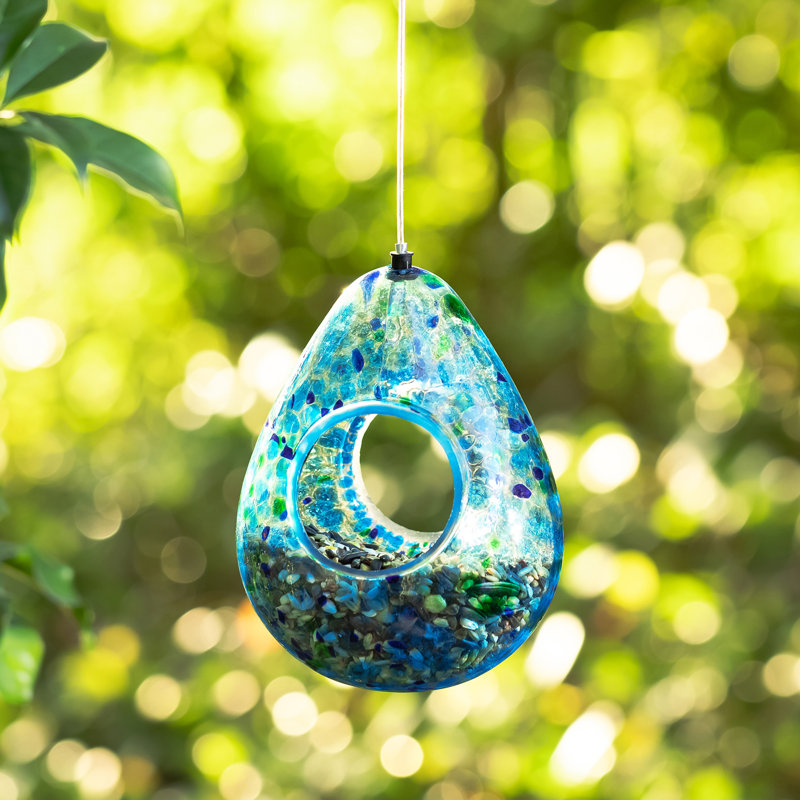 6.75" Blue and Green Glass Teardrop Hanging Bird Feeder
