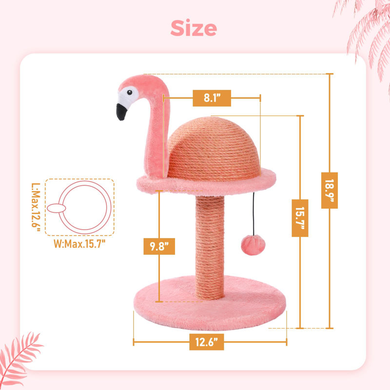 Cat Scratching Post, Pink Cat Scratcher Tree, Flamingos Natural Sisal Cat Scratch Post With Interactive Toy Ball And Extra Replacement Sisal Scratching Pole For Kittens And Small Cats,Pink