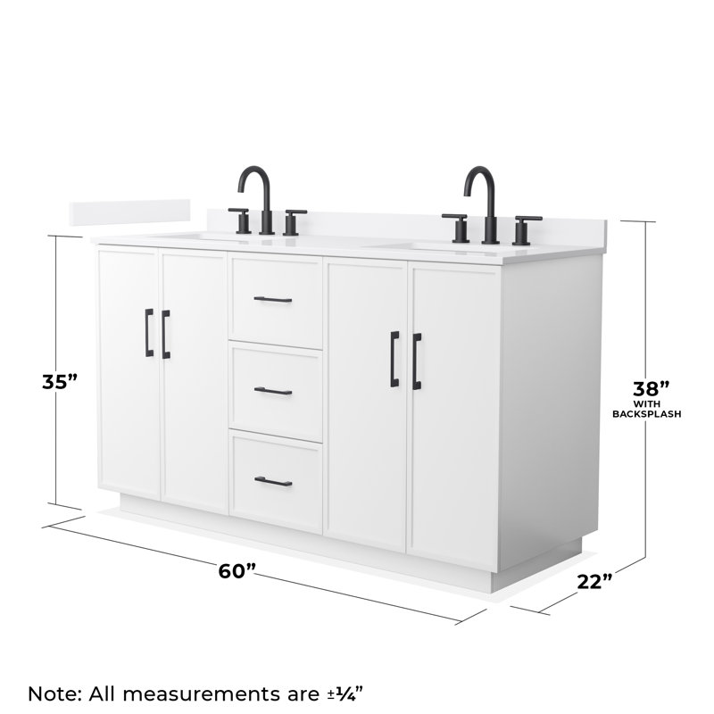 Meuble-lavabo double autoportant 60 po avec plateau en quartz Elan TK, Quartz blanc, Blanc, Noir mat