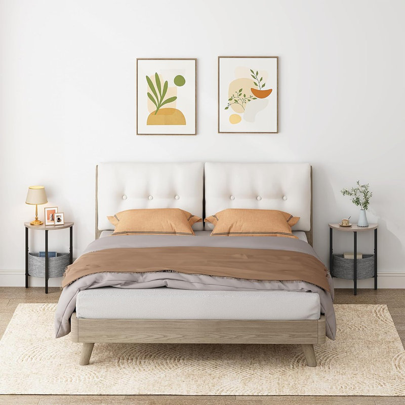Ensemble de 2 petites tables d'appoint rondes avec panier de rangement, tables de bout d'appoint en demi-lune modernes et grandes tables de chevet pour le salon, la chambre à coucher et les petits espaces, gris
