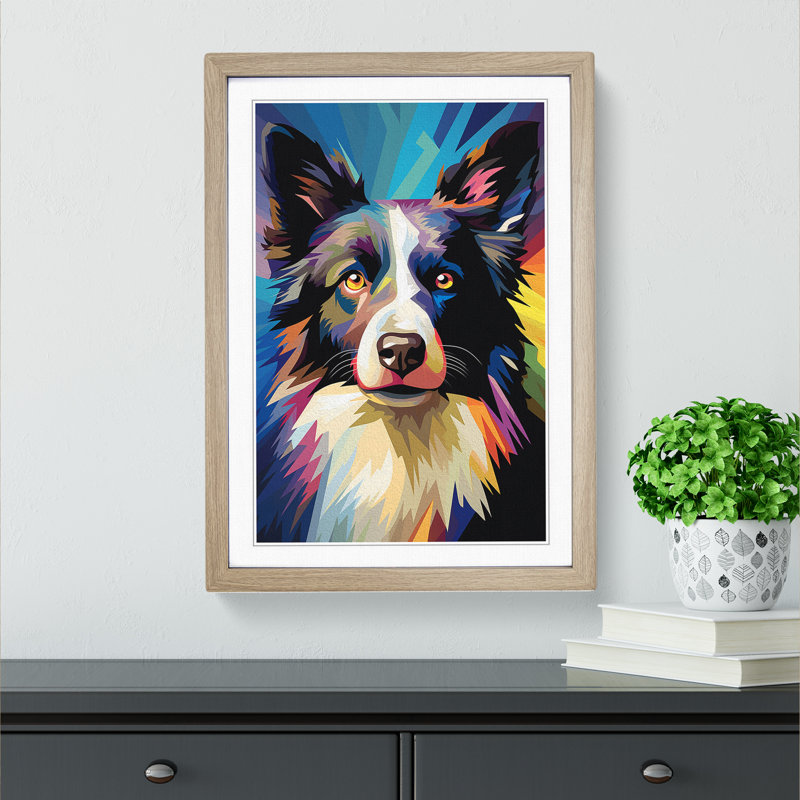 Border Collie Op No.2 - Single Picture Frame Print on Wood, Oak Framed, 64cm H x 46cm W x 2cm D