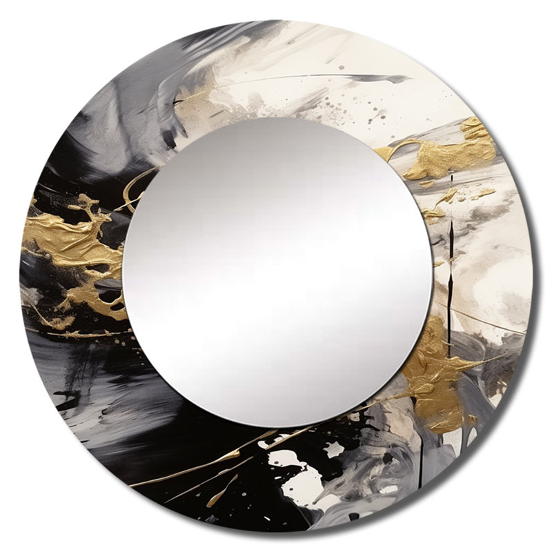 «Sesilia» or et gris Flusion Fusion IV - miroir abstrait, miroir mural décoratif rond moderne, impression d'art en métal