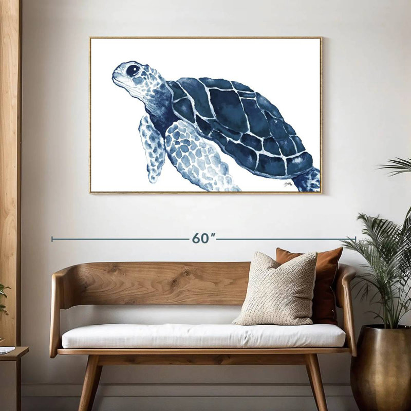 Tortue dans les bleus, Cadre flottant en bois naturel, 46 po x 31 po
