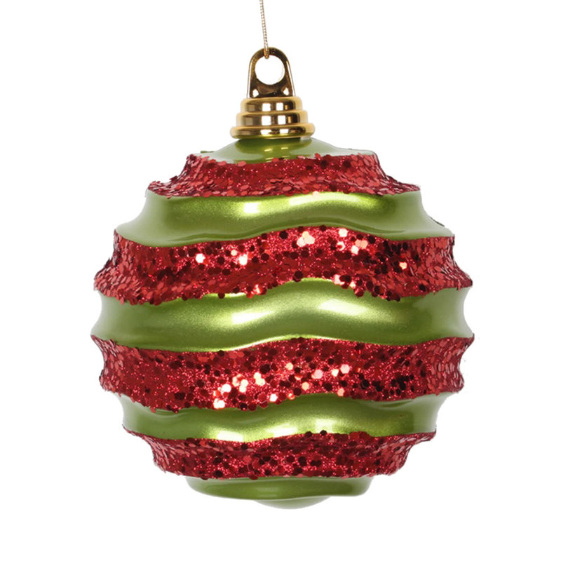 Ornement de Noël boule rayée et scintillante, H 6 po x l 6 po x P 6 po, Lime / rouge