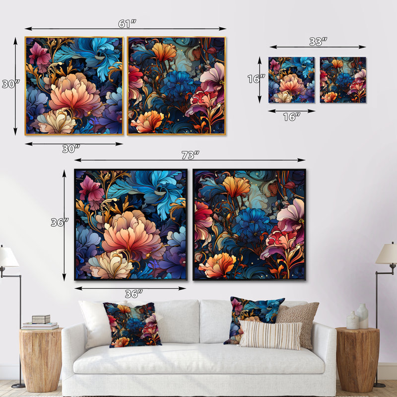 Kaleen - Ensemble de 2 collages floraux carrés, Cadre flottant noir, H 30 po x l 61 po