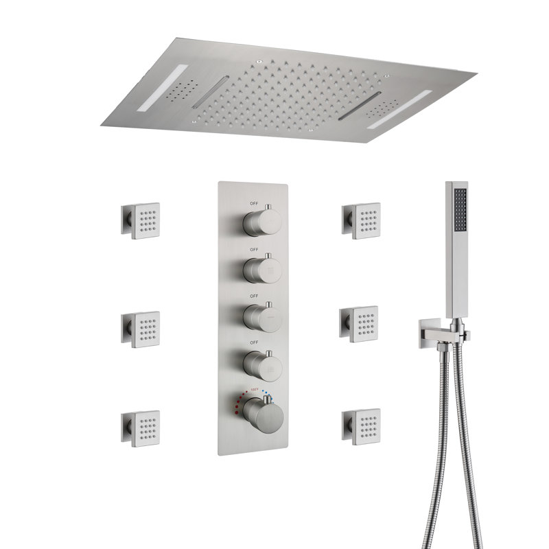 Brushed Gold Large Dual Rectangle Ceiling Mounted Shower System with LED and Bluetooth