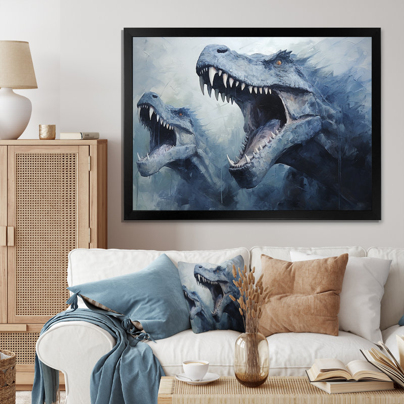 Ancien dinosaure bleu et gris II - art de mur de dinosaure, Cadre d'angle fermé noir, L 24 po x H 32 po x P 1 po