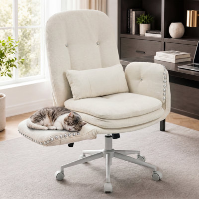 Criss Cross Office Chair with Wheels, Pearl Rivet Accent, Chenille White | High Back Cross Legged Chairs with Adjustable Armrest, Side Pocket, Lumbar Pillow, Swivel Excutive Chair for Home office