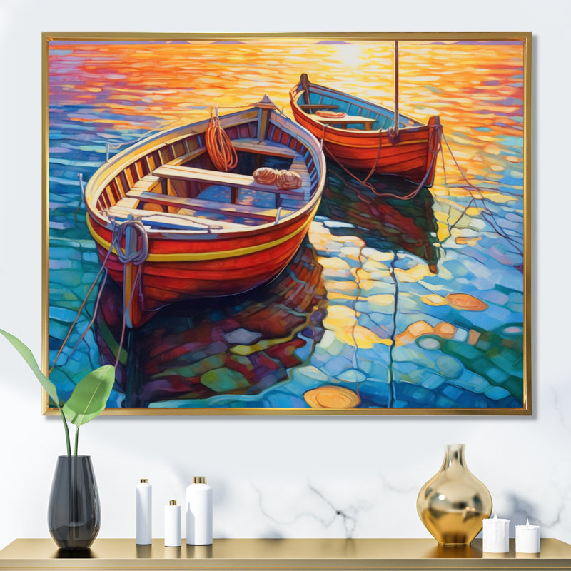 Deux bateaux dans le port I - art mural port côtier, H 12 po x l 20 po x P 1 po, Cadre flottant doré