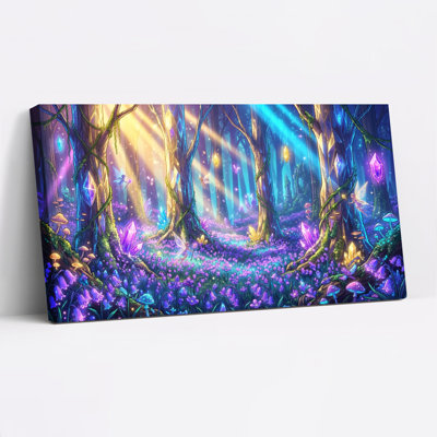 Fantasy Forest With Glowing Crystals And Fairies Canvas Wrapped Wall Art Oil Painting Print Set Of 1