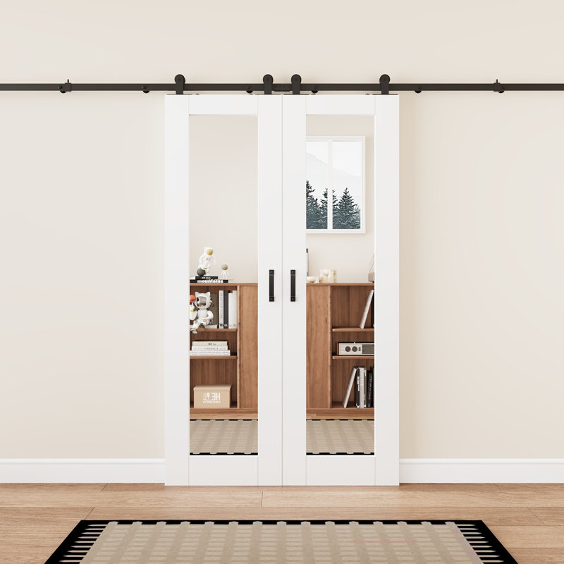 Aucun assemblage requis, porte de grange à double miroir coulissante à finition blanche et portes de garde-robe en bois manufacturé avec quincaillerie d'installation