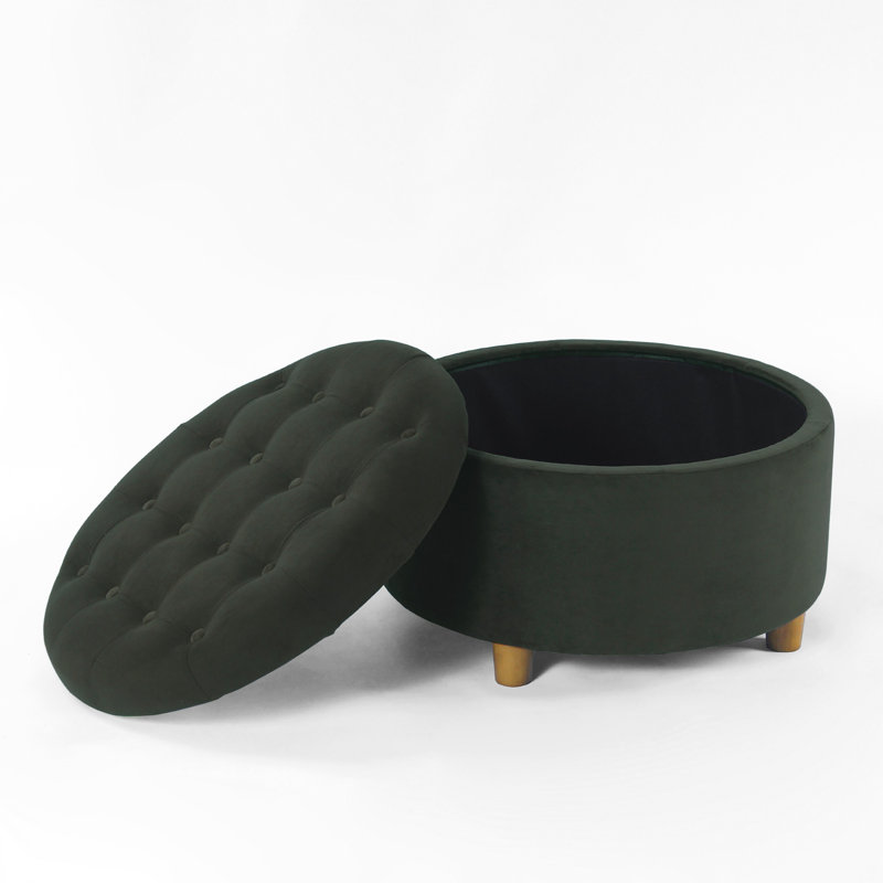 Repose-pieds avec rangement Jo, dessus relevable capitonné rond de 28 pouces, velours épice, Vert olive