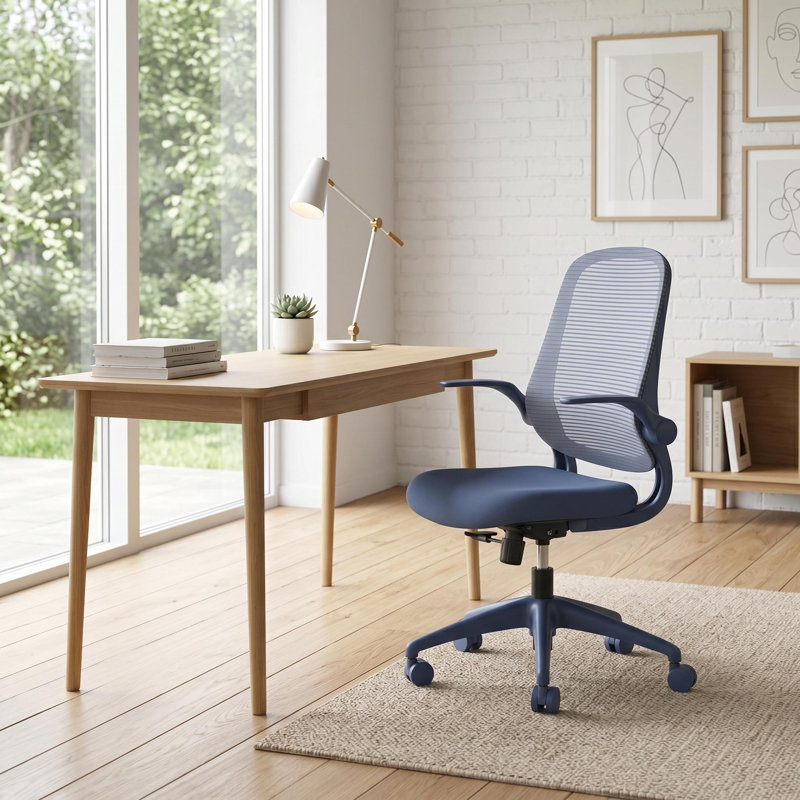 Chaise de travail ergonomique en filet avec accoudoirs rabattables et support lombaire pour petits espaces, Bleu cendré