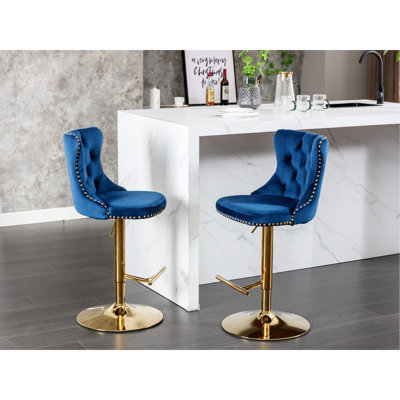Tabourets de bar en velours bleu, de 2 - siège réglable de 25 à 33 pouces, rembourré moderne avec dossier pour îlot de cuisine de pub et dossier à utiliser, hauteur en pouces