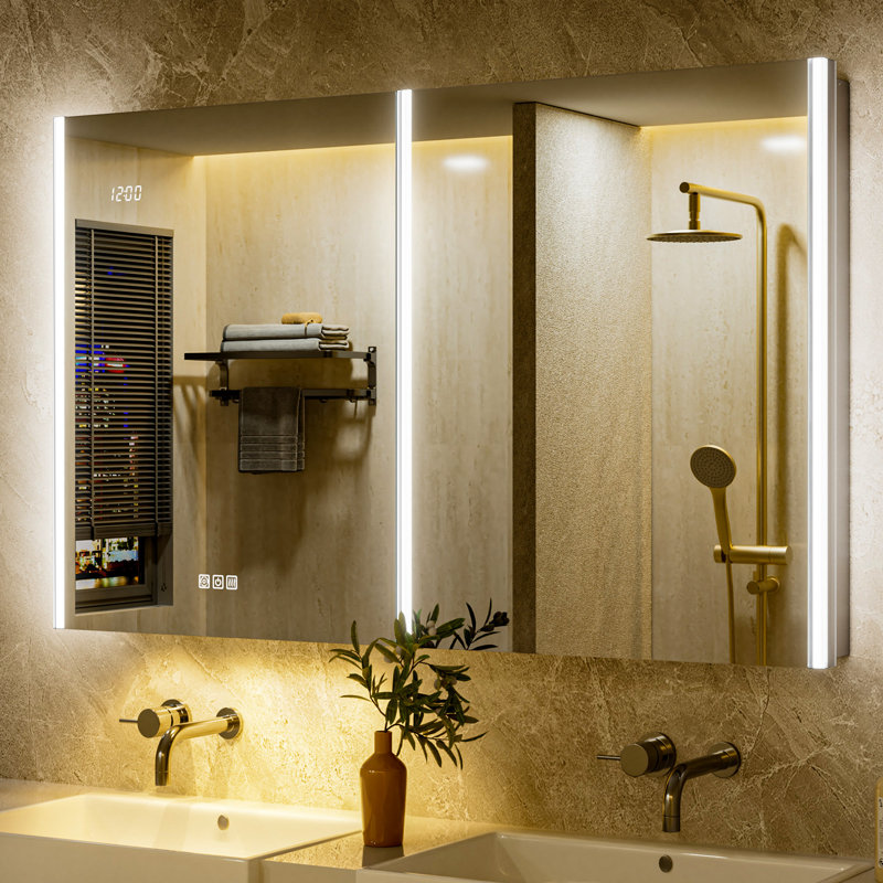 48"W Smart LED Medicine Cabinet Mirror with Lights, Anti-Fog , Night Lamp, Adjustable 5X Magnifying, USB Power Outlet and Clock