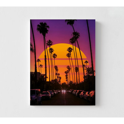 Rétro coucher de soleil par Ritvik Takkar, art mural de palmiers au coucher du soleil, Street View, idée de rénovation de sous-sol rétro