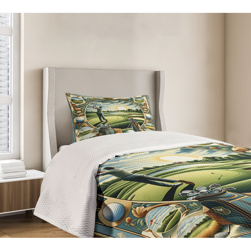 Twin Blue Golf Themed Quilted Bedspread Set