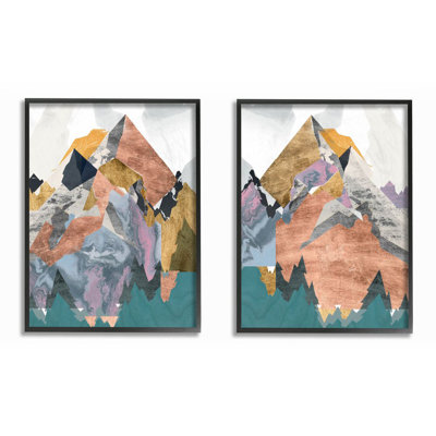 « feuille collage mountain landscape abstract designs » par jennifer grolierr-ensemble de 2 reproductions d’art